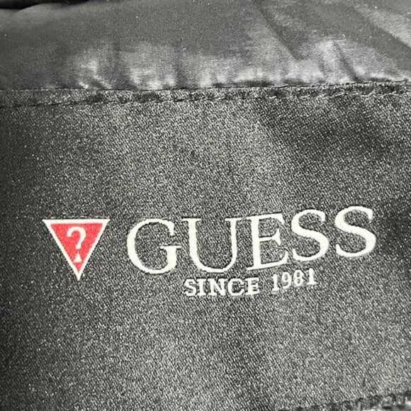 GUESS Black Puffer Bomber Jacket Men’s Size L Hooded Faux Leather Trim - Picture 3 of 14